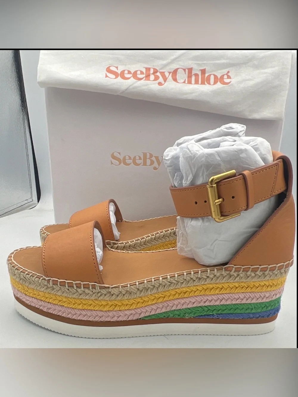 See by Chloé Glyn Tan Leather Espadrille Platform Wedge Sandal EU 40 NEWw/BOX